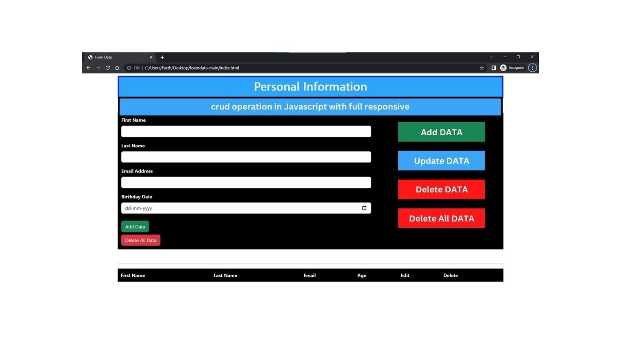 Crud operation in JavaScript with localStorage & Full Responsive | Part -1