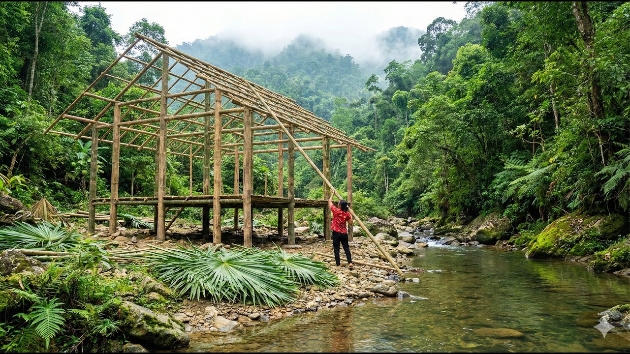 Girl Builds a Two-Storey Bamboo House Deep in the Forest