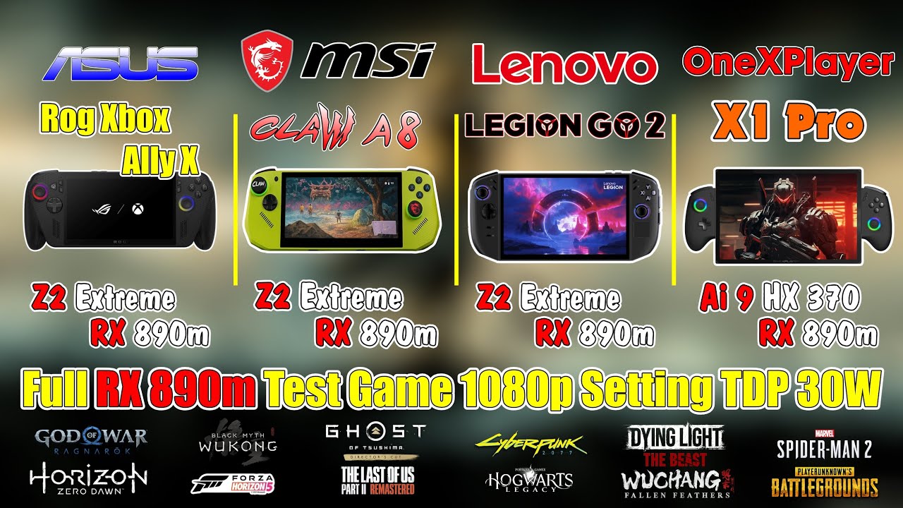 Legion Legion Go 2 & OneXPlayer X1 Pro & Asus Xbox Ally X & MSI Claw A8 Test Game 1080p TDP 30W
