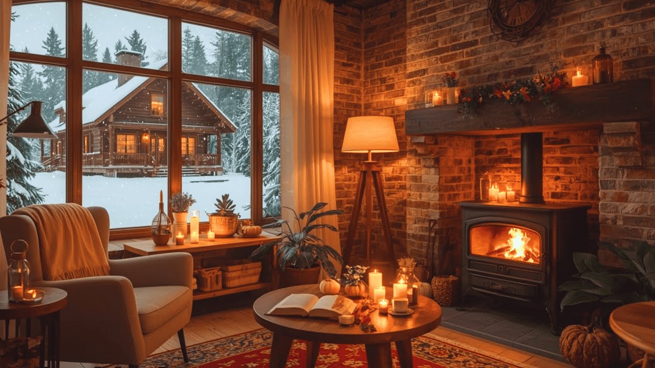 ☕ Relaxing Morning Jazz at Cozy Cabin Ambience & Crackling Fire for Study, Relax and Sleep🎹