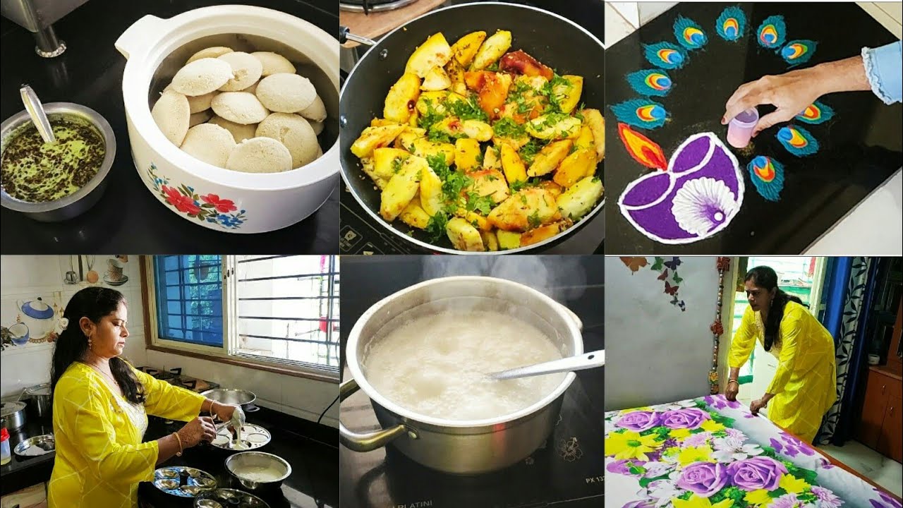 MY SUNDAY BREAKFAST RANGOLI & TEA TIME SNACK FULLDAY ROUTIN, SOFT SPONGY IDLI, CHUTNEY, GHEE AT HOME