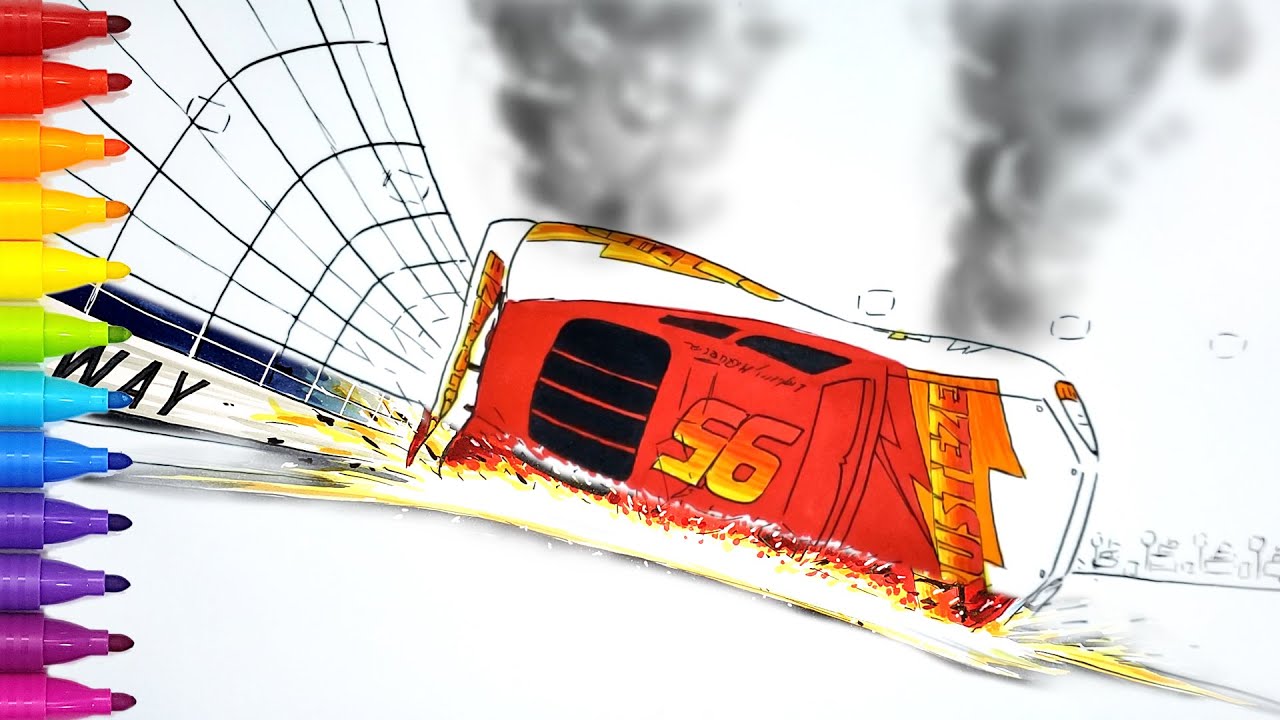 Lightning McQueen's Epic Crash Scene with Sparks & Fire | CARS 3 Drawing & Coloring | Tim Tim TV