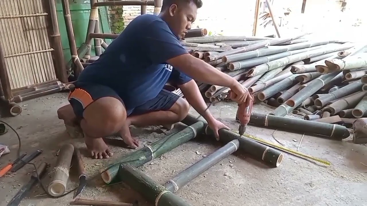 cara mudah membuat kursi panjang dari bambu #aksitukang #