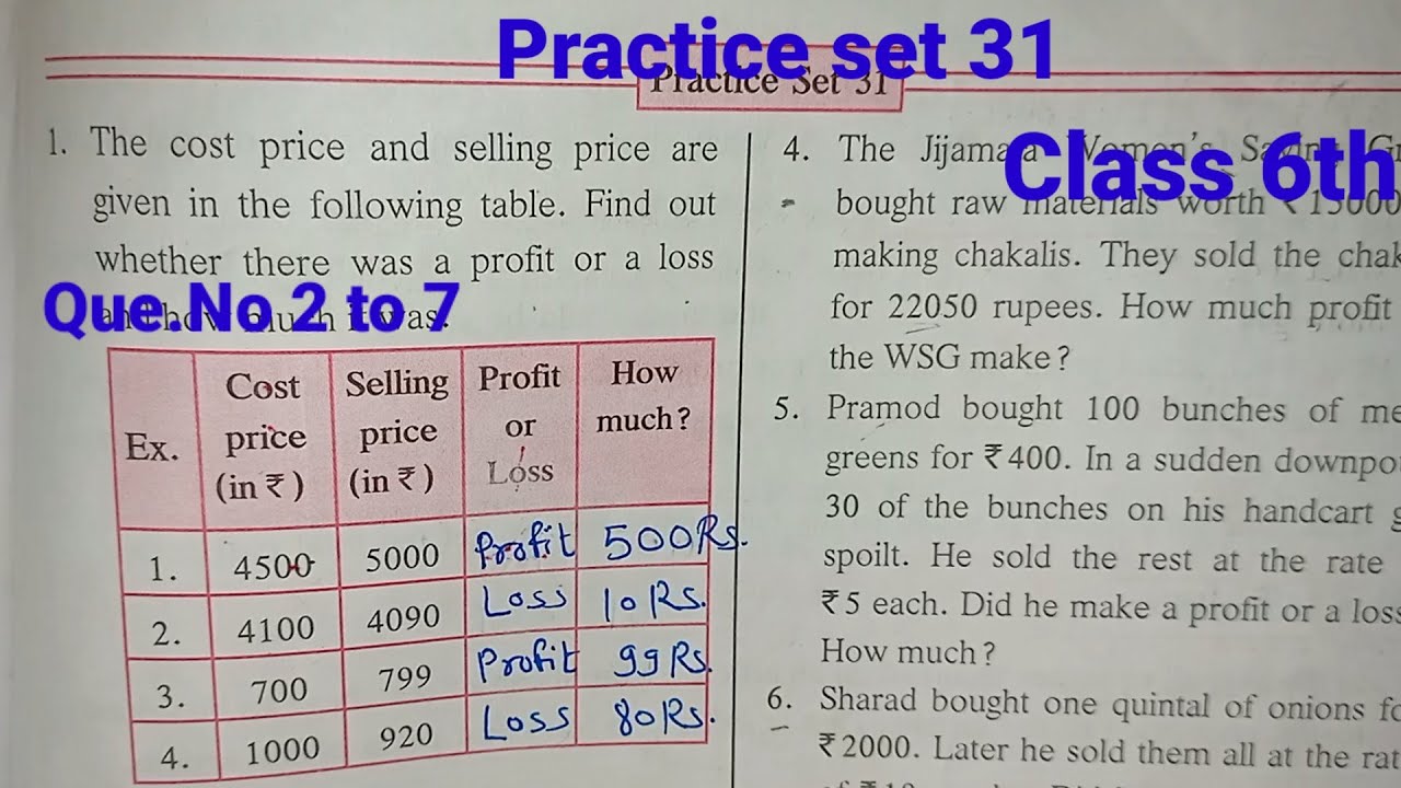 Practice set 31 Class 6th | Profit and Loss | Que.No 2 to 7