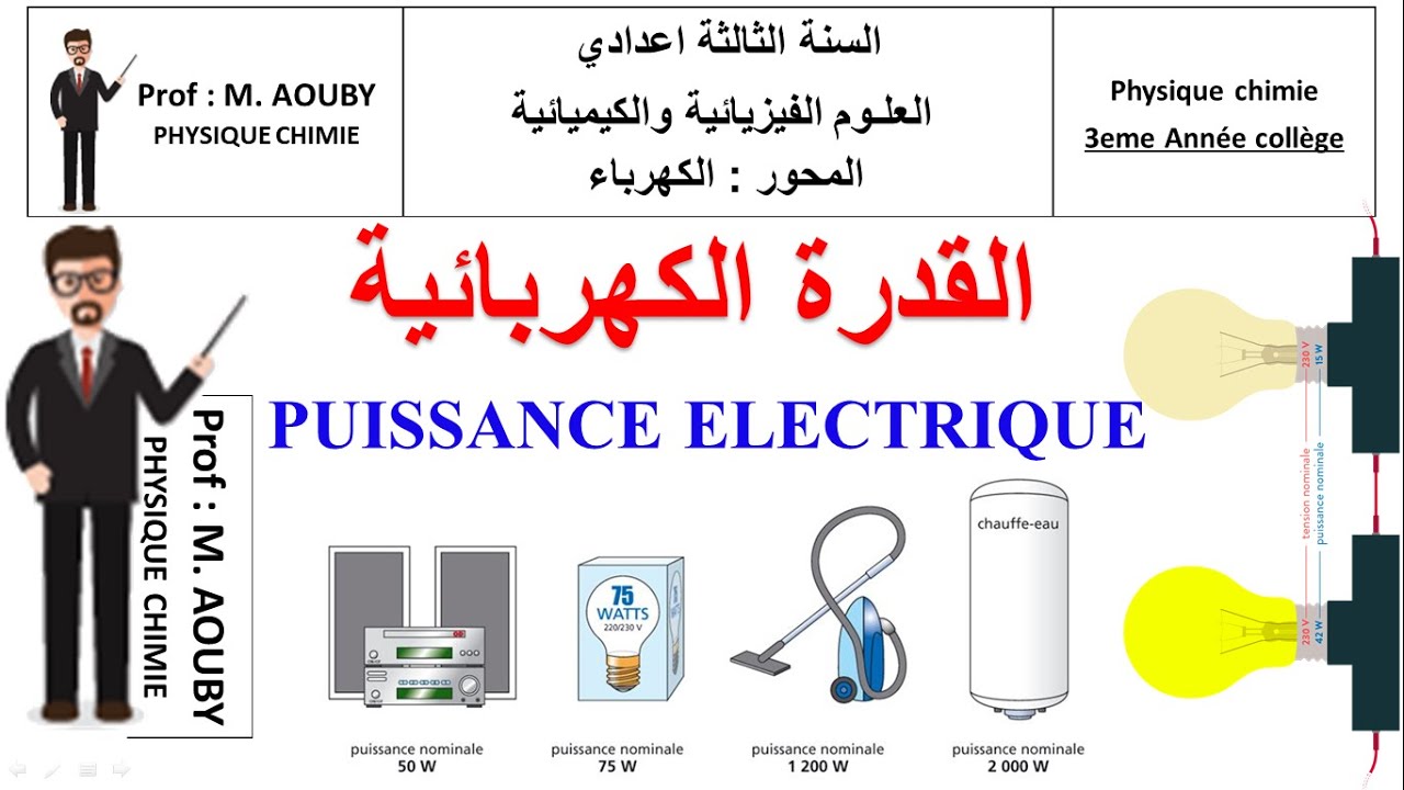 Physique Chimie 3AC : Cours LA PUISSANCE ELECTRIQUE  القدرة الكهربائية