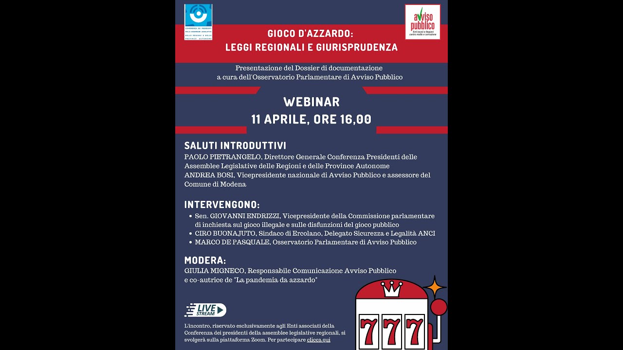 Webinar 'Gioco d'azzardo: leggi regionali e giurisprudenza', a cura di Avviso Pubblico