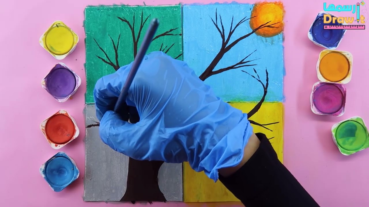 How to Draw Four Season Scenery drawing with oil pastels and watercolore  || رسم الفصول الاربعة