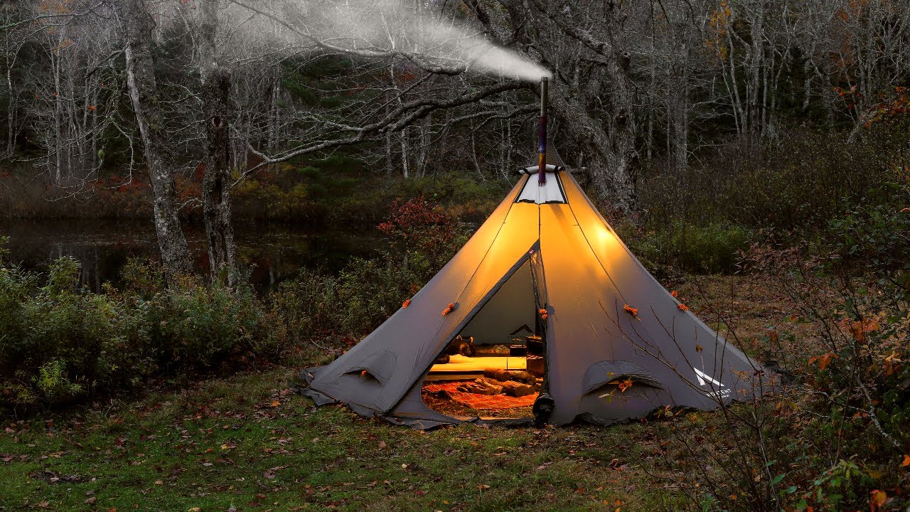 Hot Tent Camping In Rain In Fall Season