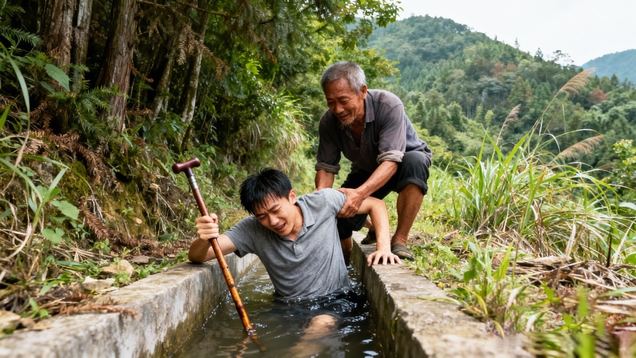A disabled young man fell into a ditch, and a kind passerby saved him.