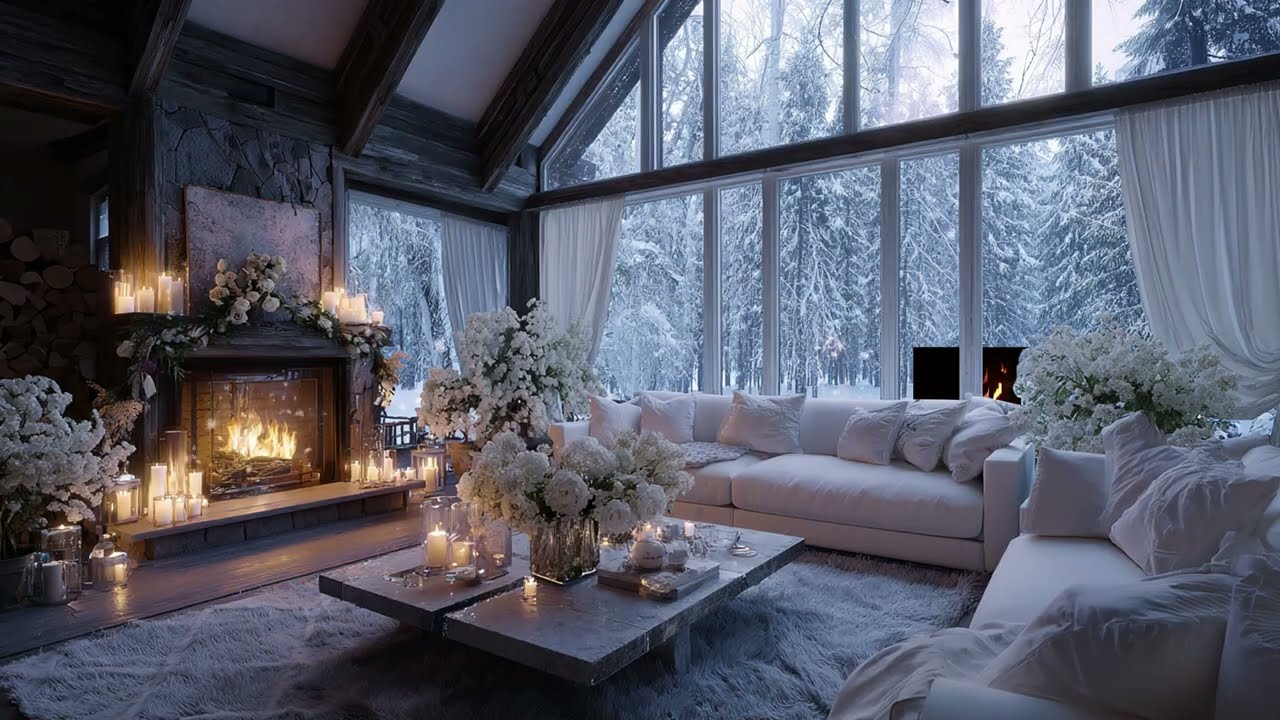 Snowy Window View from a Cozy Cabin: Relaxing Piano Music with Fireplace for Sweet Dreams