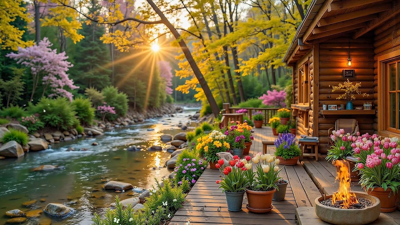 Calm Spring Piano with Campfire 🔥🌸 Birdsong with Lakeside Cabin Ambience