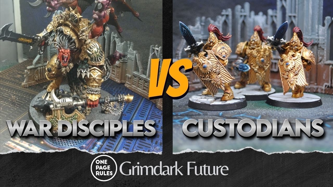 One Pages Rules Grimdark Future: Custodians vs. War Disciples (and a big demon)