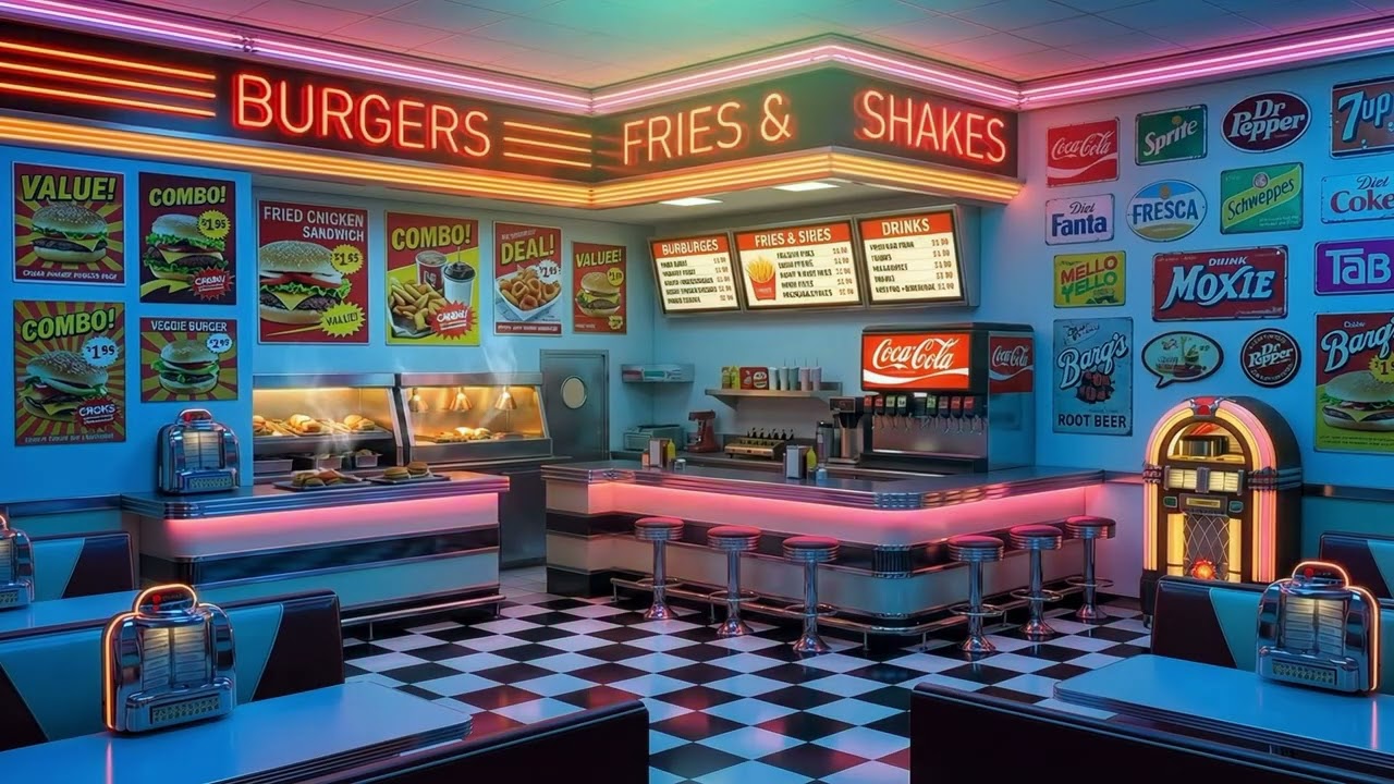 Empty 80s Burger Joint Night Ambience | Neon Lights, Flickering Signs & Cozy Nostalgia