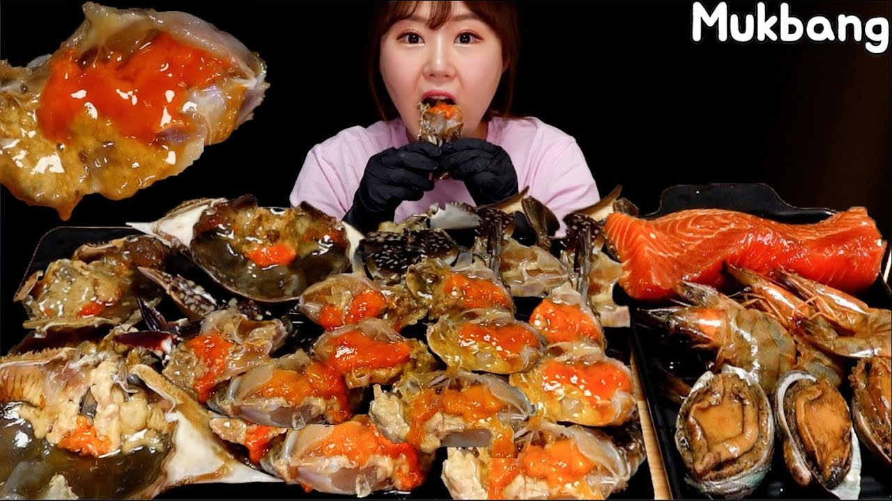 ASMR Mukbang l Ganjang Gejang, Маринованный сырой краб и морское ушко, креветки, лосось. (^^ *)