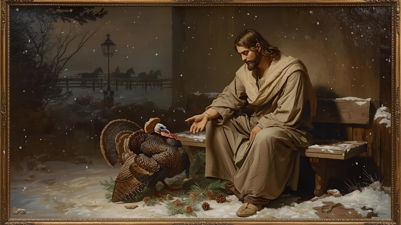 Jesus & the Thanksgiving Turkey | Cozy Winter Blessing TV Art | Moody Holiday Ambience @99for1TVart 
