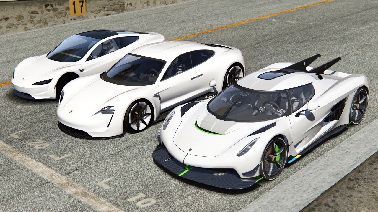 Koenigsegg Jesko Absolut vs Porsche Mission R vs Tesla Roadster - Drag Race 20 KM
