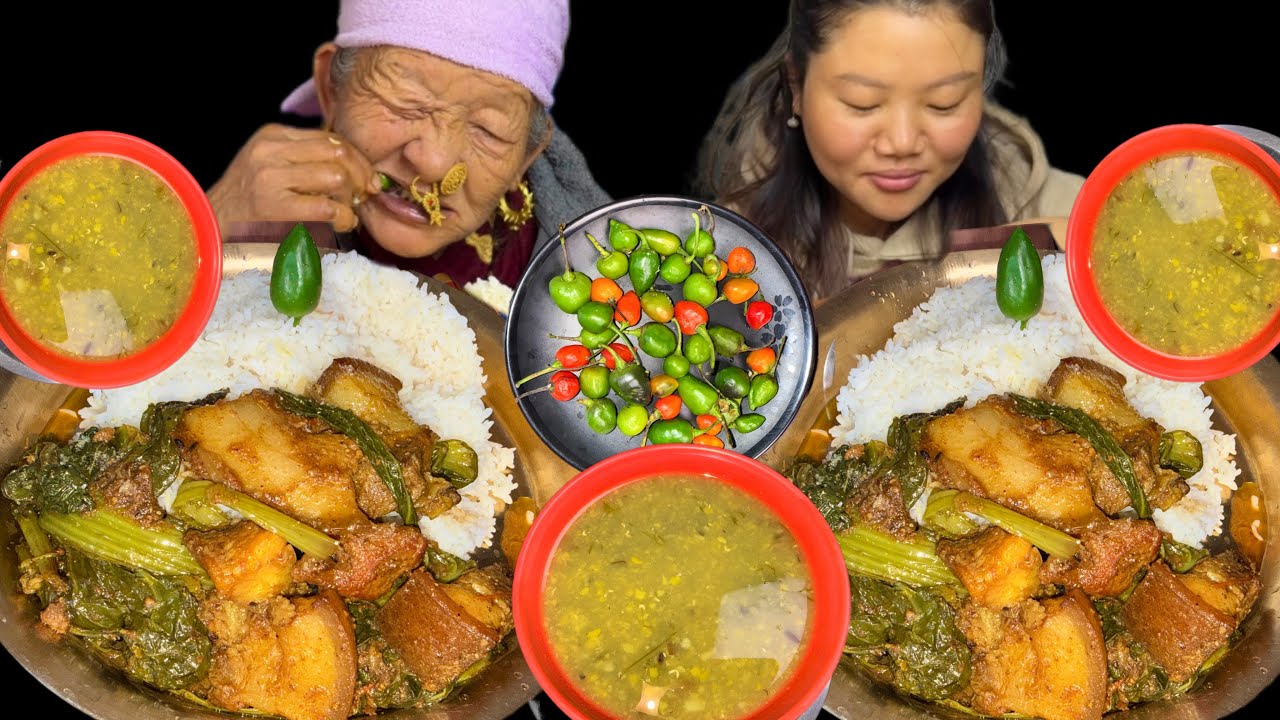 आमा छोरिको खाना खुवाई सुङ्गुरको मासु सॅग रायोको साग दाल अकबरेखोर्सानि Mukbang 🤤@railila1694 