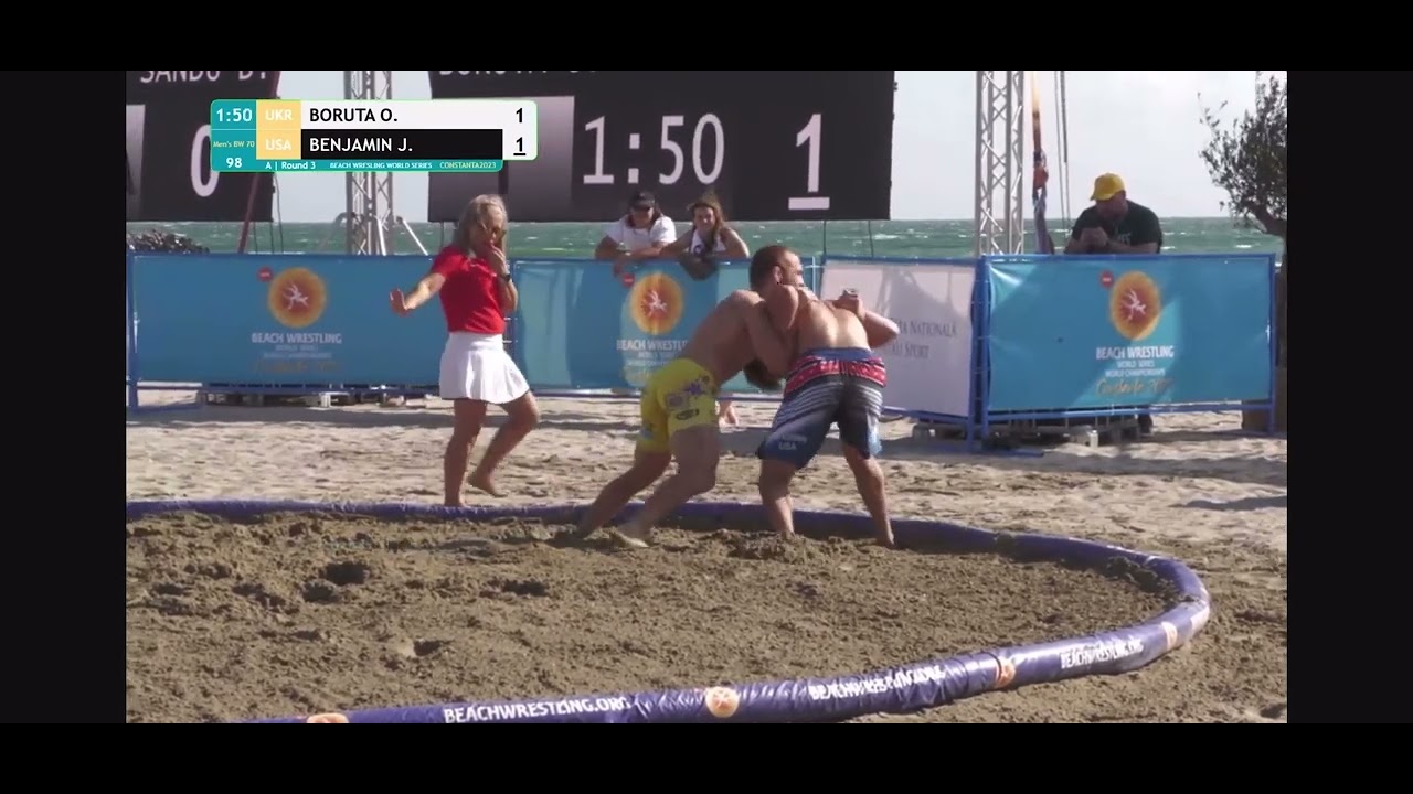 Justin Benjamin (USA) vs Oleksii Boruta (UKR) - UWW Beach Wrestling World Series - Romania - Round 3