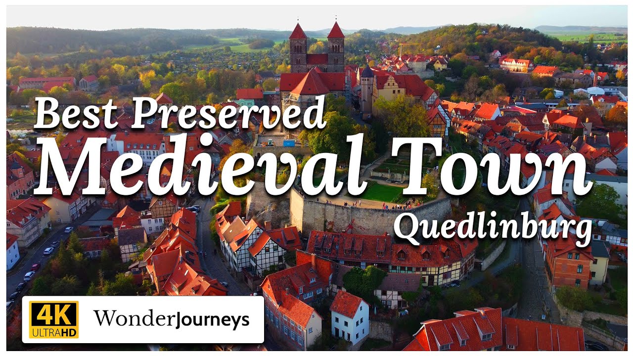 Drone over Quedlinburg. The amazing Half Timbered city in Germany. Unesco World Heritage