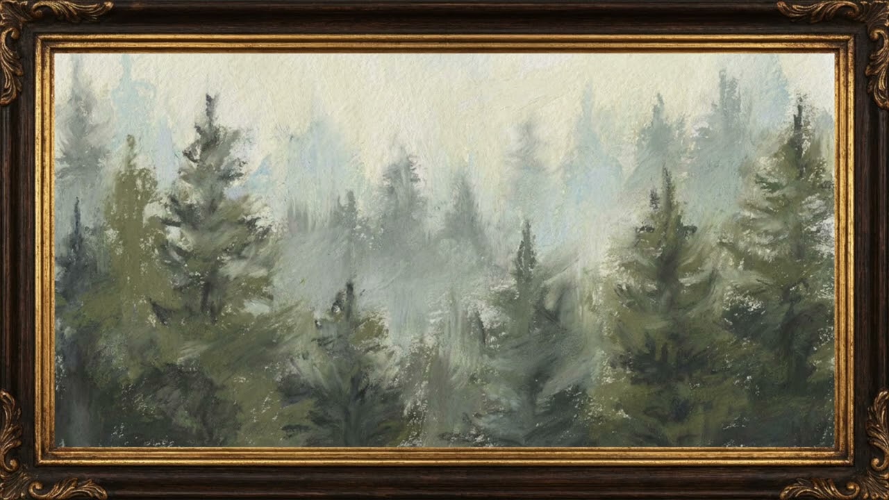 Whispers in the Mist | Soft Evergreen Forest in Fog | Minimalist Impressionist Framed Landscape (4K)