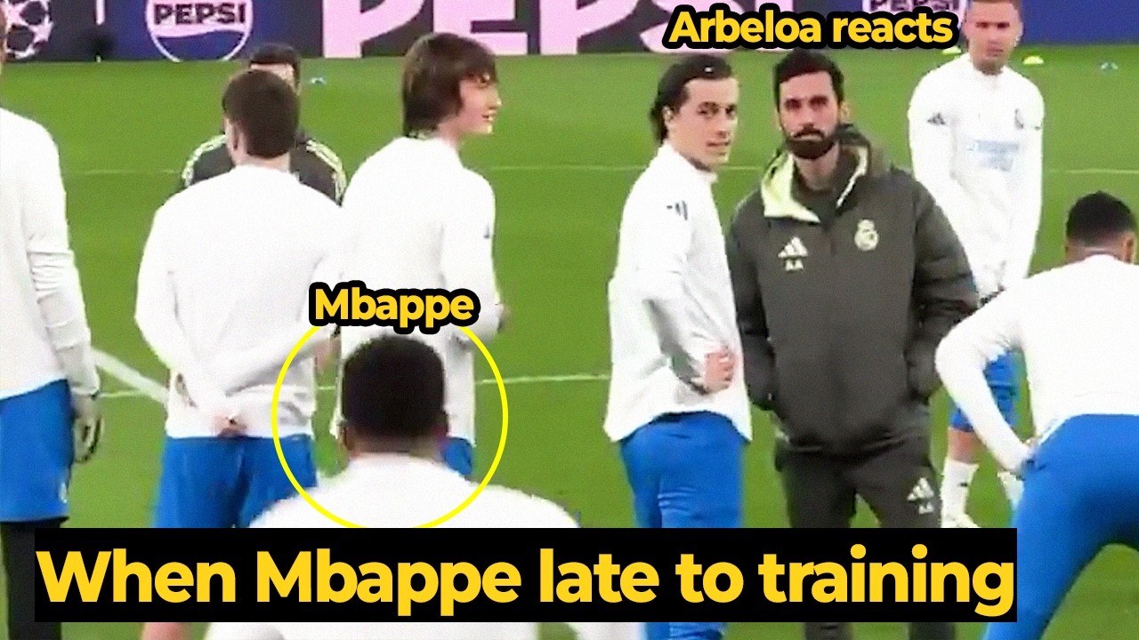 Moment Arbeloa patiently waited for Mbappe before starting the team talk in training ahead Benfica