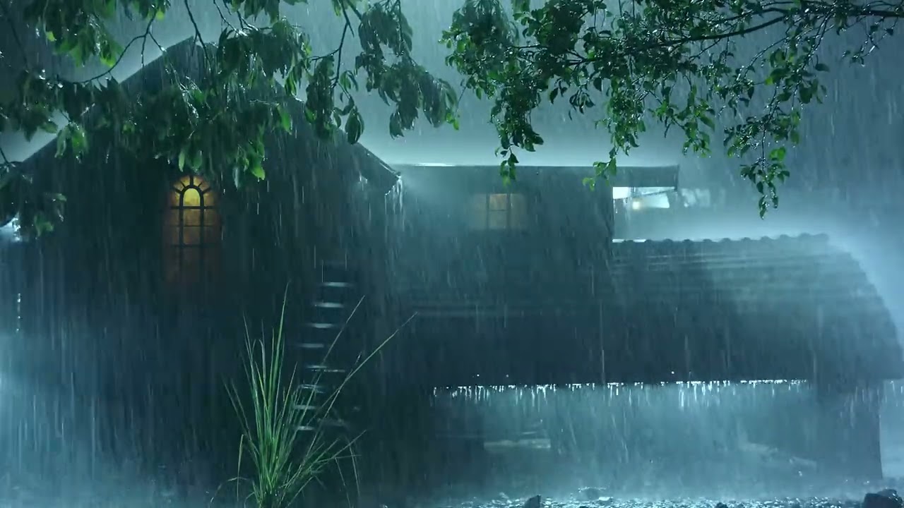 Real Stormy Night to Sleep Instantly   Relaxing Heavy Rain on Tin Roof of Farmhouse & Strong Thunder