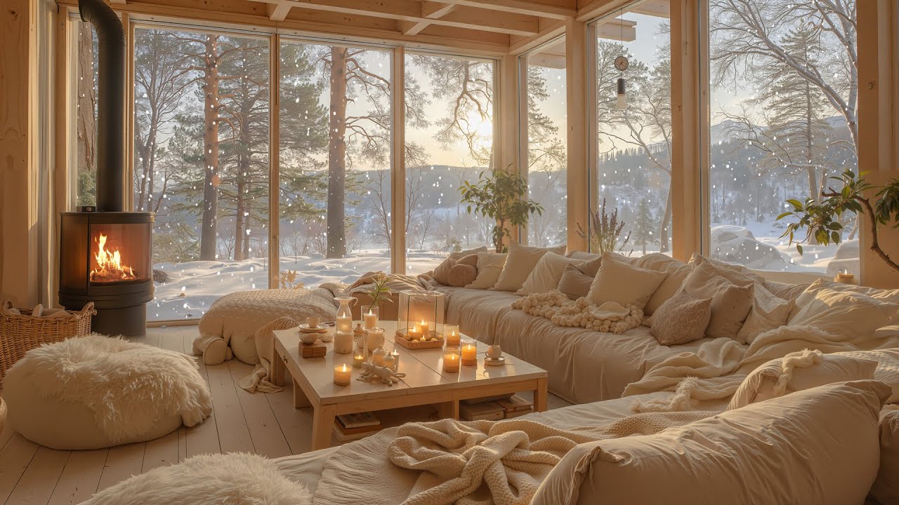 Cozy Cabin Room in a Winter Forest ❄️ Gentle Piano & Fireplace Sounds for Focus , Relax