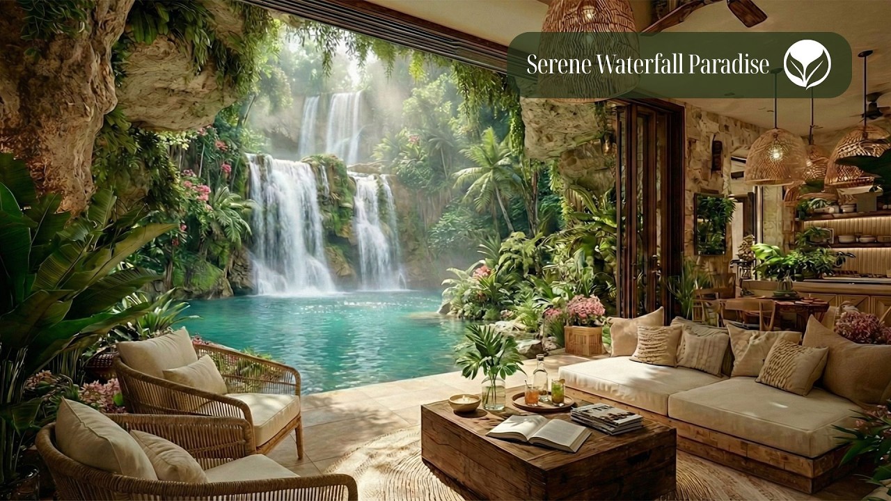 Serene Waterfall Paradise 🌴🦜 Waterfall & Gentle Nature Sounds for Study, Rest and Calm