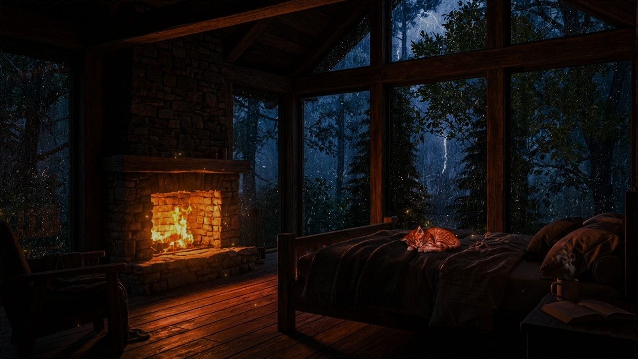 No Mid-roll Ads ⛔ Heavy Rain & Thunderstorm for Deep Sleep 🌧️ Cozy Fireplace Sounds to Beat Insomnia