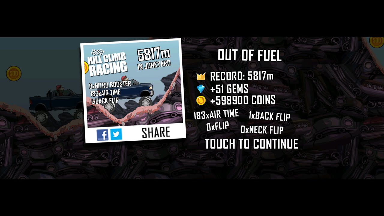 Hill Climb Racing: 5817m in Junkyard on Super Diesel 4x4 (no boosters, no pets)
