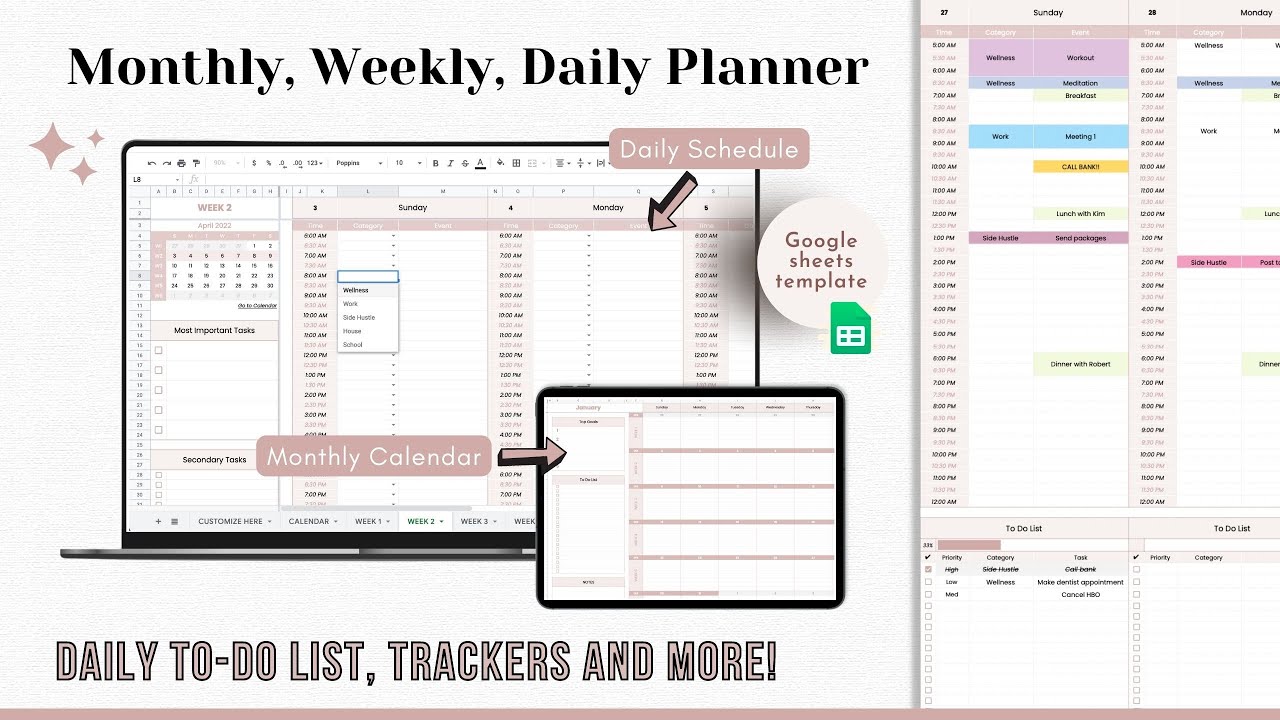WEEKLY PLANNER Google Sheets Template - Monthly Calendar - Daily Schedule Spreadsheet