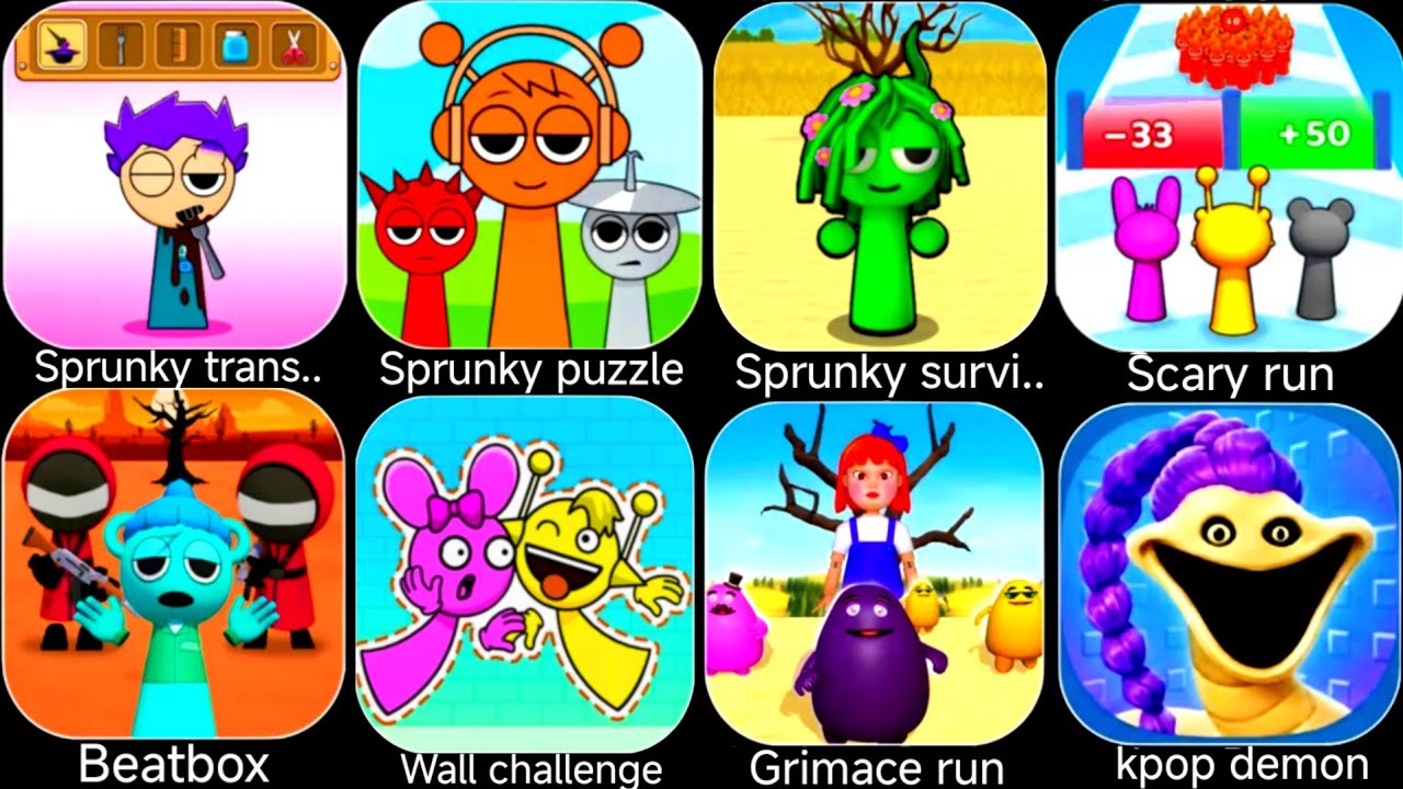 Sprunky transformer,Beatbox survival,Sprunky survival,Scary run,Wall challange,Grimace run,Sprunky.