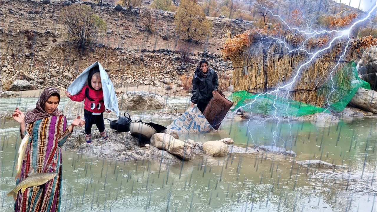 A Rainy Day in the Life of a Single Mother and Her Child | Fishing in a Mountain River