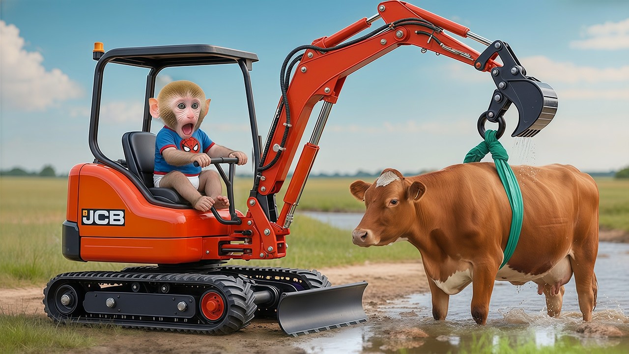 Bebé mono Nana conduce un tractor y rescata a una vaca atrapada en una trampa peligrosa!