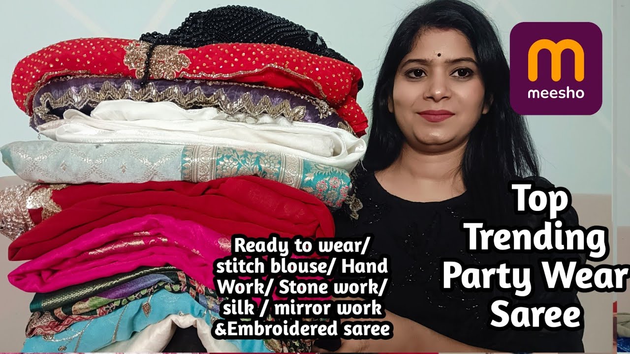 Meesho😍 saree haul  Rs-243| Meesho stitch blouse saree/ hand work saree haul |  party wear saree