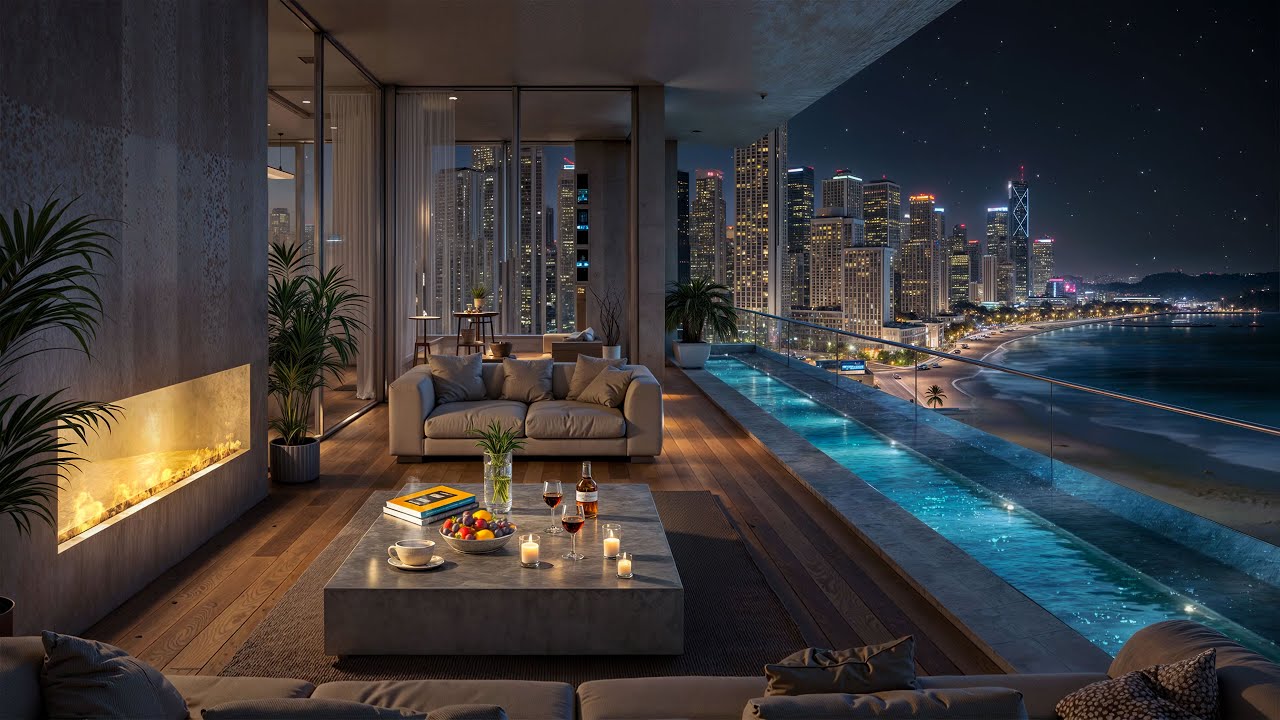 4K Relaxing Jazz at Night | Luxury Balcony Apartment with Beach View in Miami, Florida