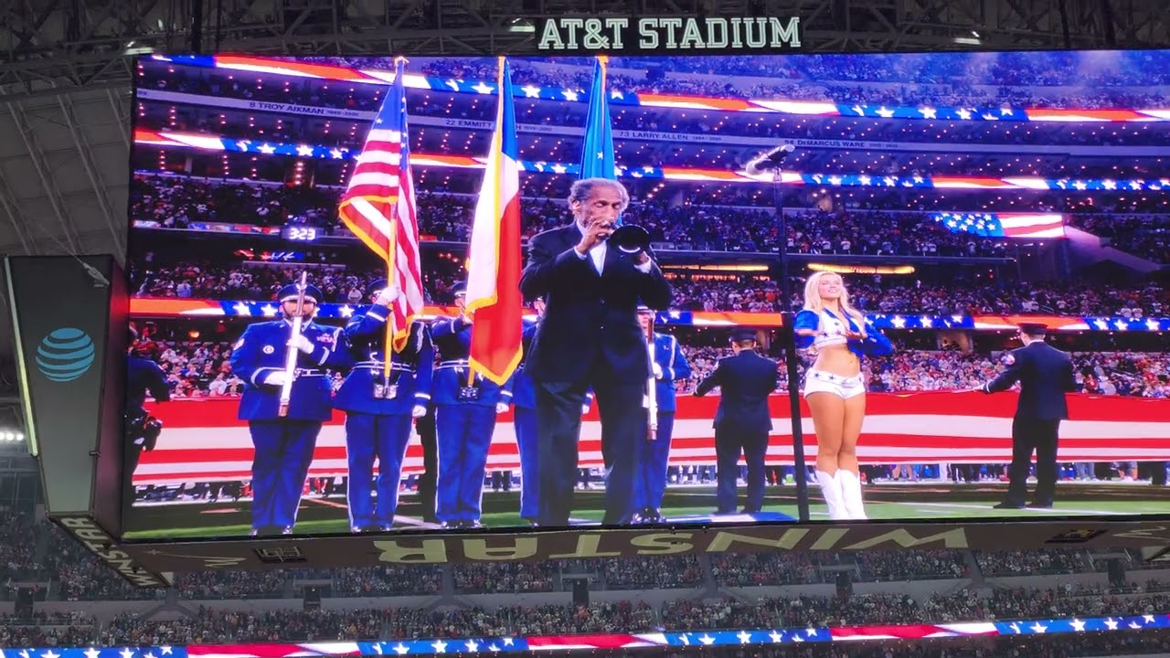 Dallas Cowboys national Anthem 12/22/24 Freddie Jones trumpet Madeleine Salter sign interpretation