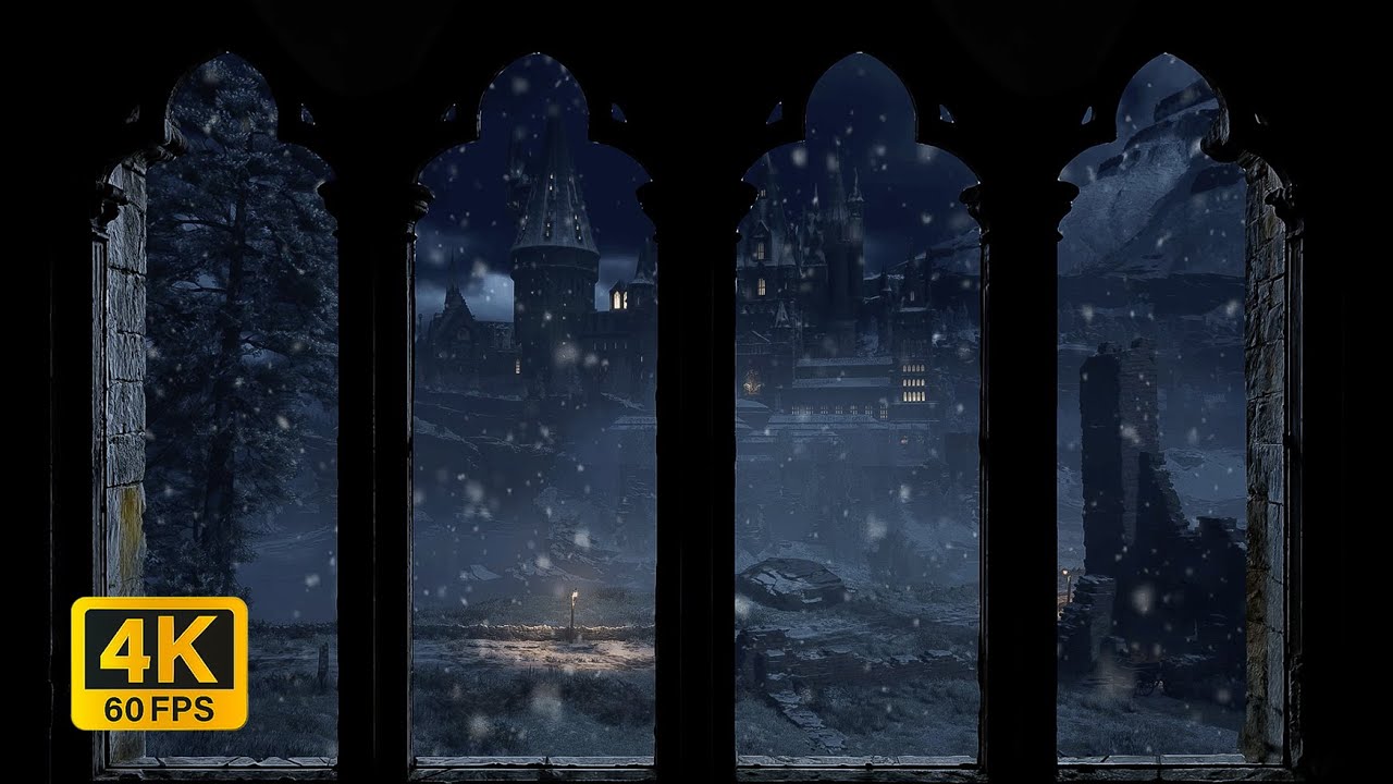 4K Hogwarts Winter Window View - Snow & Wind Sounds from the world of Harry Potter for Sleep & Study