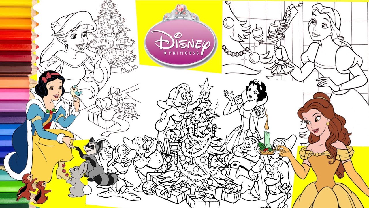 Coloring Disney Princess Ariel Snow White & Belle - Christmas Holiday Coloring Pages for kids
