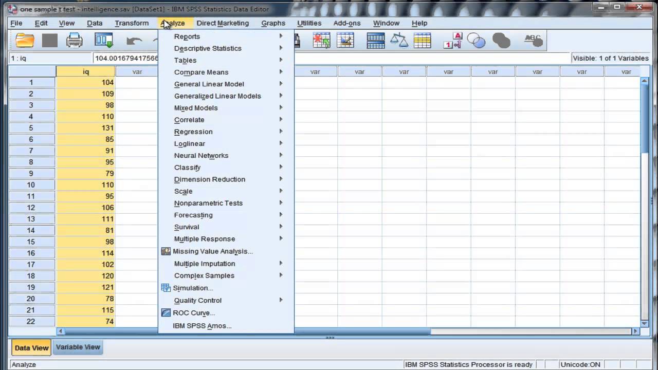 Одновыборочный t-тест — SPSS (Часть 1)