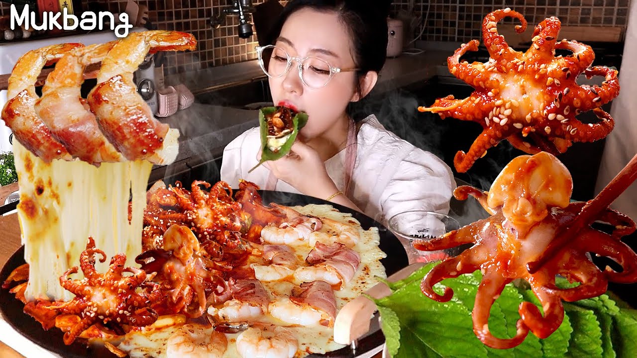 ASMR MUKBANG! Спечительный грибчатый 🐙 и сыр бекона креветки 🍤 mukbang!