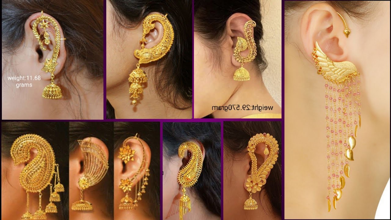 latest gold fully earrings,Heavy bridal variation jhumka set designs,#Ear Cuff gold earring designs.
