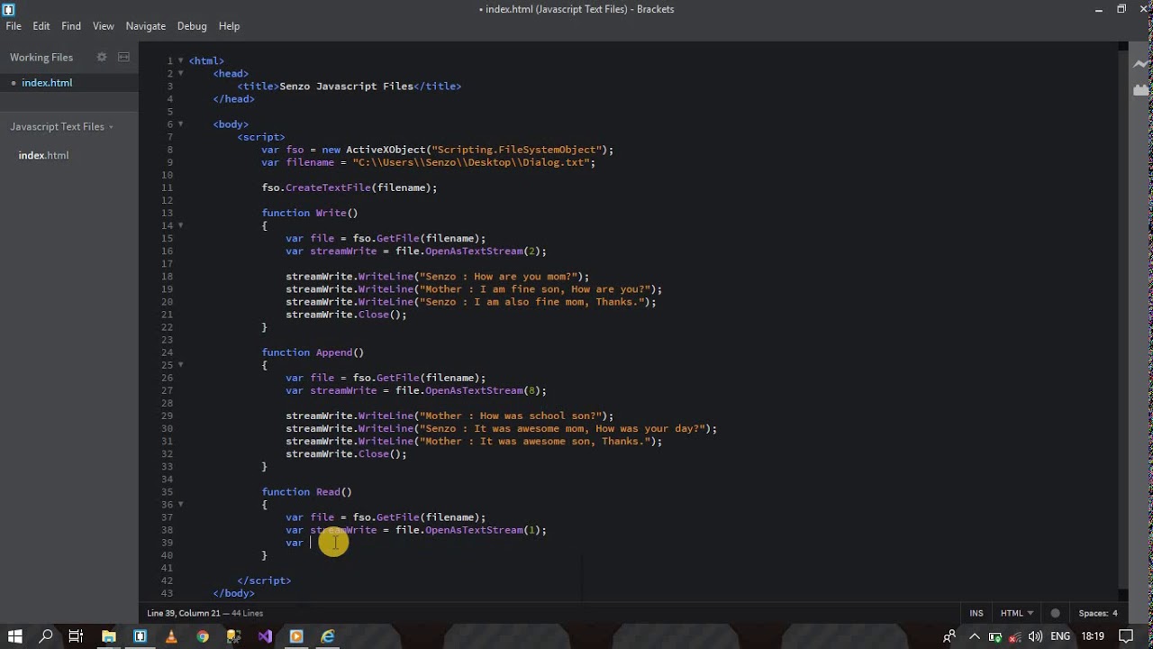 Dealing with text files in javascript - Appending and Reading