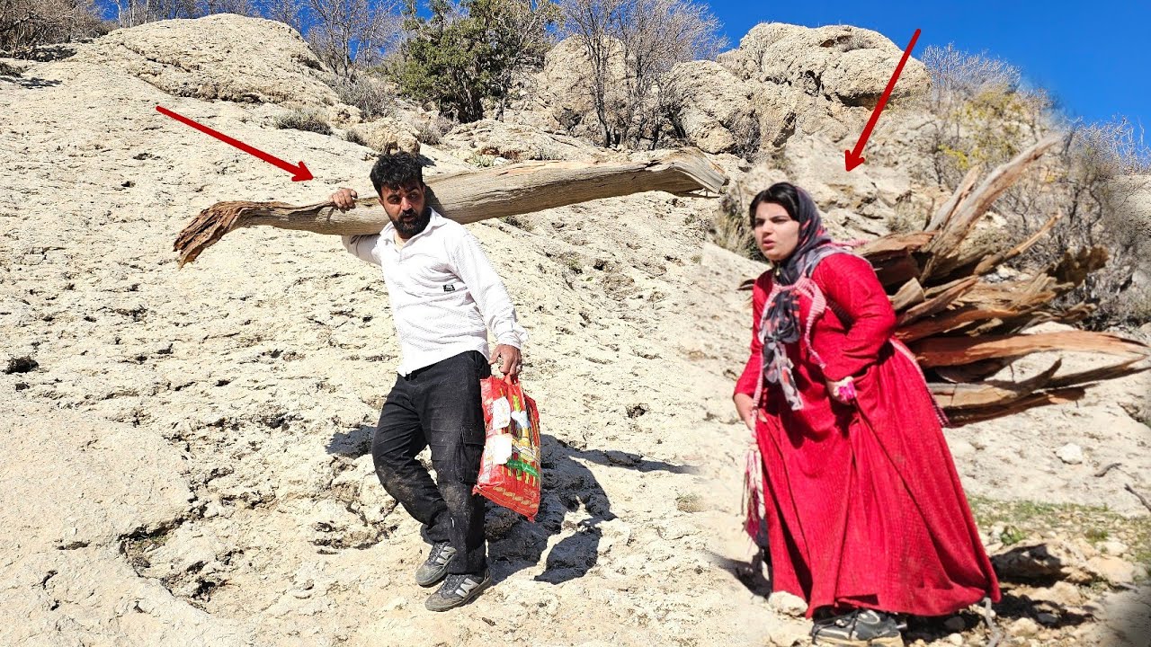 Gathering firewood in the wild mountains by a husband and his second wife