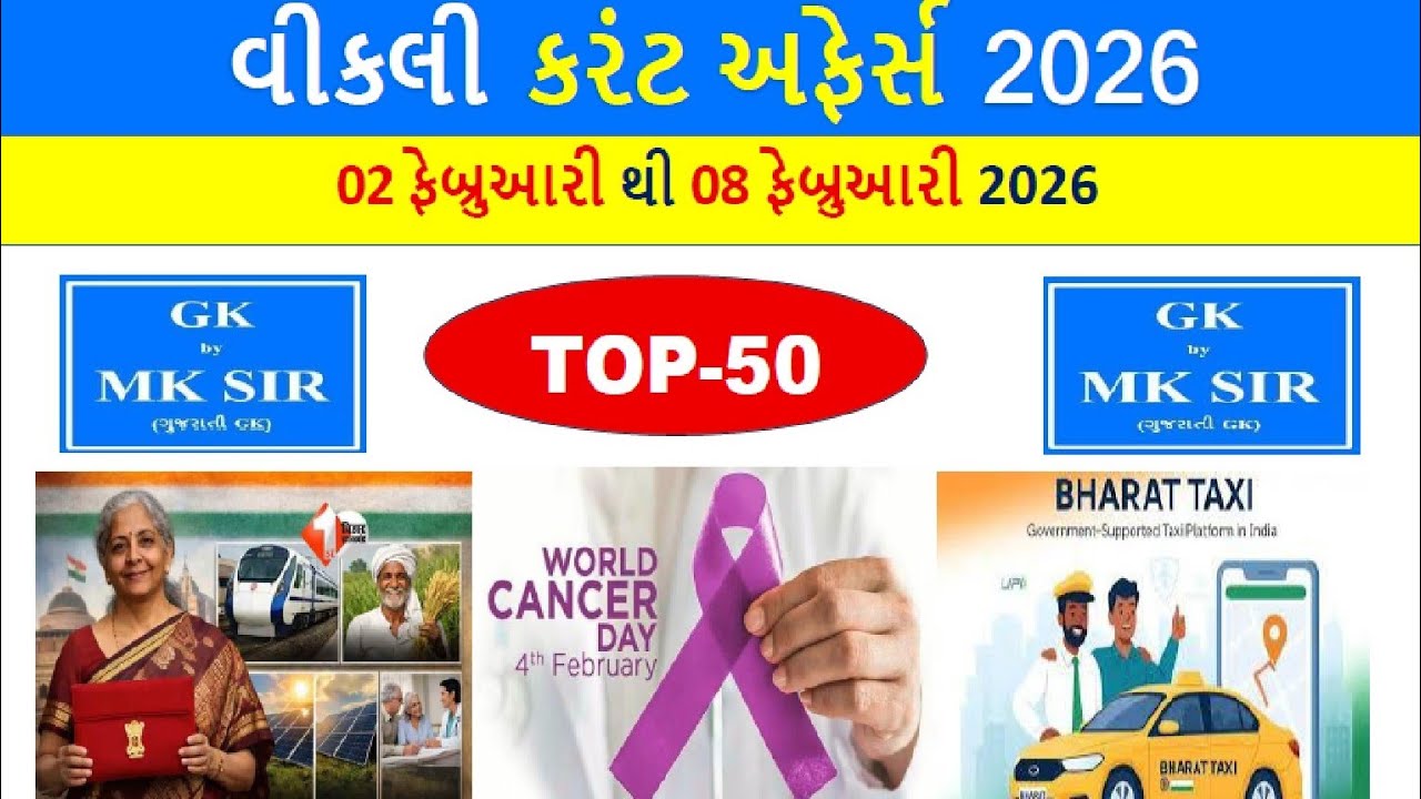 Weekly Current Affairs Gujarati | 02 February to 08 February 2026 | CCE AEI STI Police | Gujarati GK