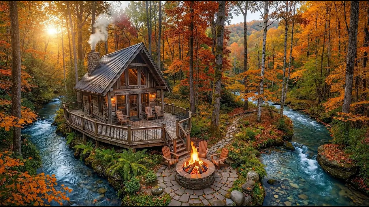 Escape to a Cozy Autumn Cabin by the River 🍂🔥 | Relaxing Nature Ambience