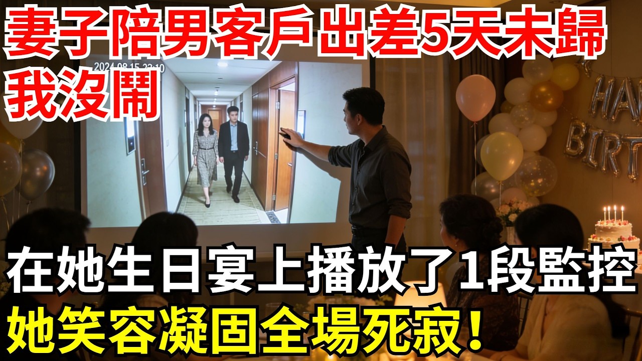 妻子陪男客戶出差5天未歸，我沒鬧，在她生日宴上播放了一段酒店走廊監控，她笑容凝固，全場死寂！#故事#情感