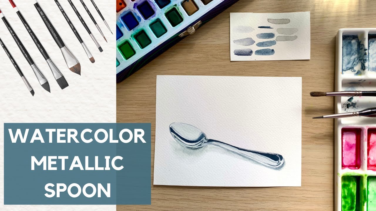 WATERCOLOR METALLIC SPOON TUTORIAL | how to paint metallic surface & shine 🥄