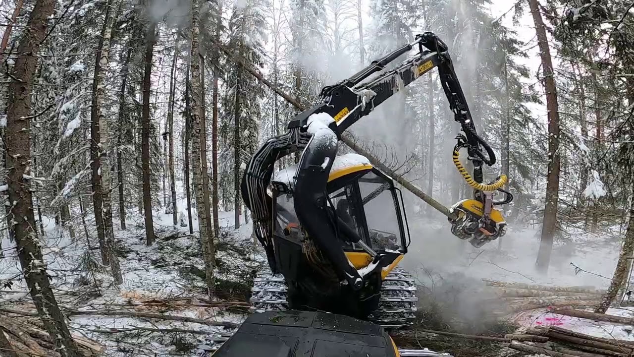 Koneen takapäästä kuvattu harvennuksen tekoa ja puheet mukana. Ponsse Scorpion King H7.