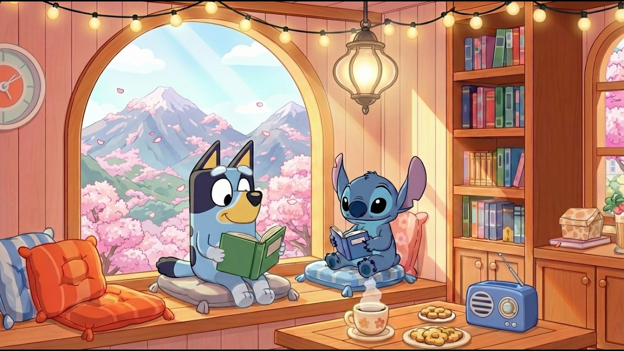 Stitch & Bluey Spring Mountain Study 🌸 Chill Lofi for Classroom Study Hours 🌷 Golden Window Glow
